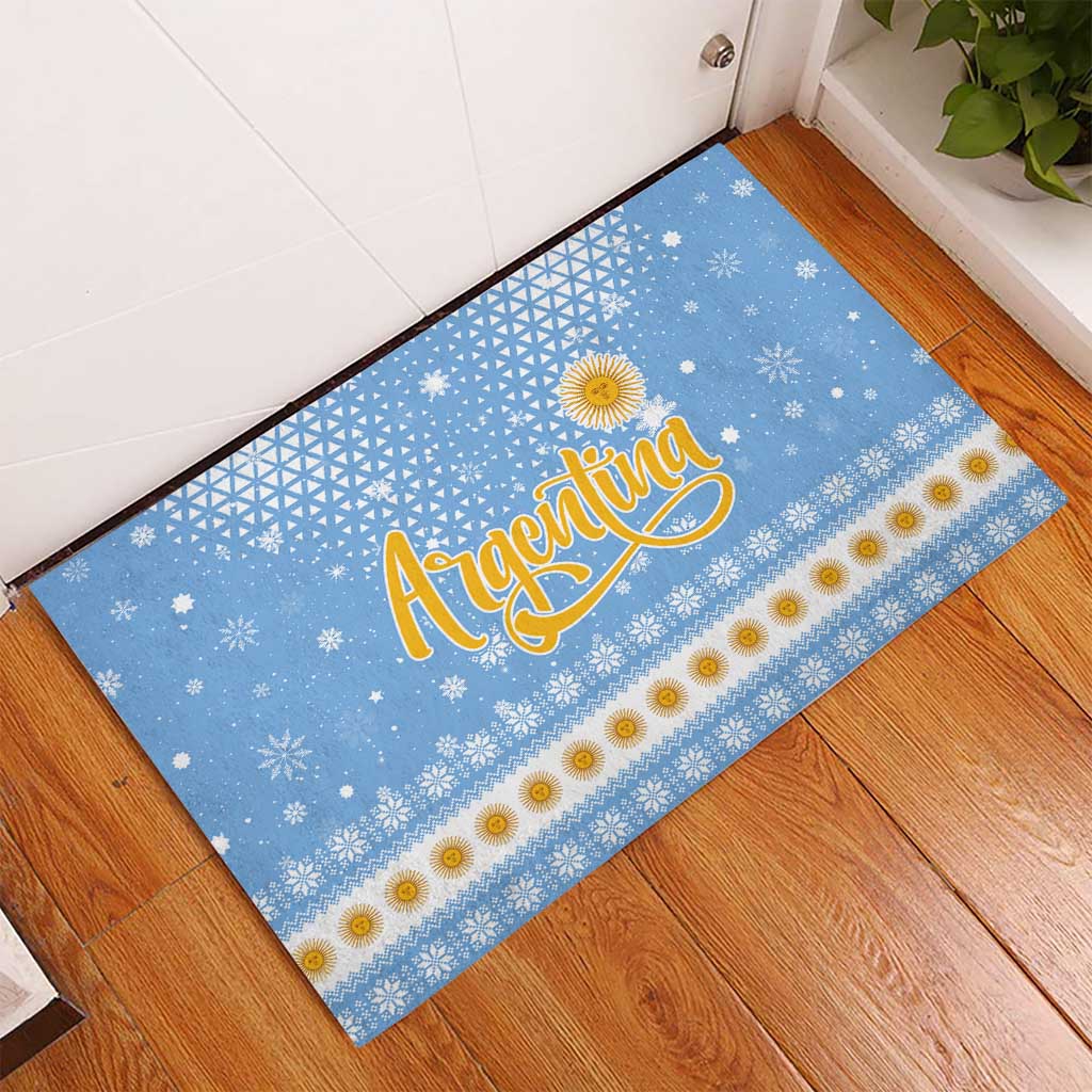 Argentina Christmas Rubber Doormat with Blue-White Snowflake Pattern, Sun Emblem, and Gaucho Santa Riding Horse Motif - Wonder Print Shop