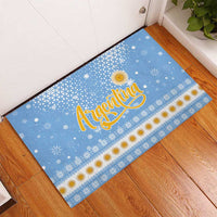 Argentina Christmas Rubber Doormat with Blue-White Snowflake Pattern, Sun Emblem, and Gaucho Santa Riding Horse Motif - Wonder Print Shop
