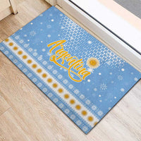 Argentina Christmas Rubber Doormat with Blue-White Snowflake Pattern, Sun Emblem, and Gaucho Santa Riding Horse Motif - Wonder Print Shop