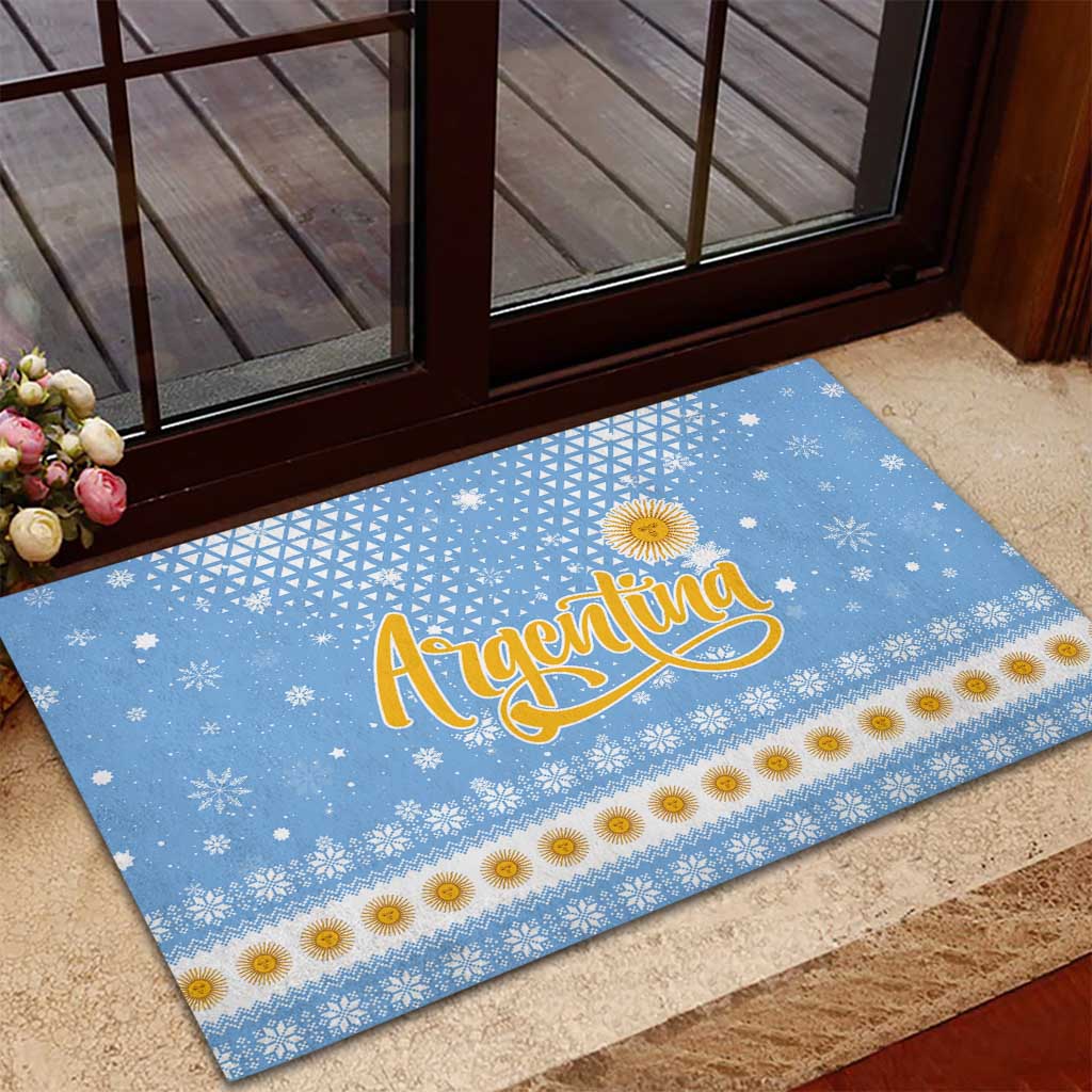Argentina Christmas Rubber Doormat with Blue-White Snowflake Pattern, Sun Emblem, and Gaucho Santa Riding Horse Motif - Wonder Print Shop
