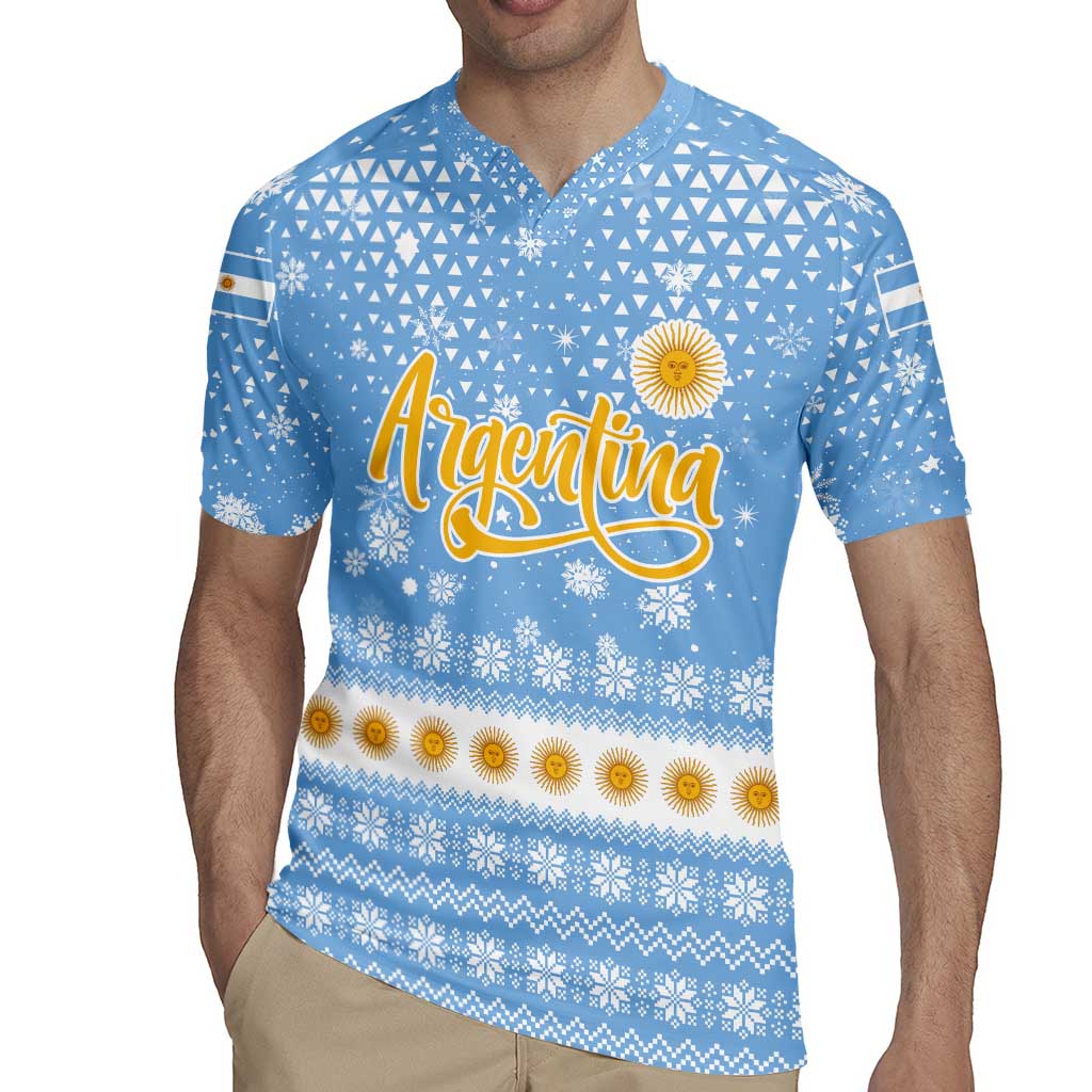 Argentina Christmas Rugby Jersey with Blue-White Snowflake Pattern, Sun Emblem, and Gaucho Santa Riding Horse Motif - Wonder Print Shop