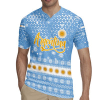 Argentina Christmas Rugby Jersey with Blue-White Snowflake Pattern, Sun Emblem, and Gaucho Santa Riding Horse Motif - Wonder Print Shop