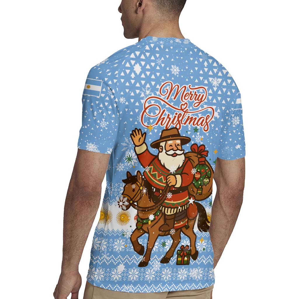 Argentina Christmas Rugby Jersey with Blue-White Snowflake Pattern, Sun Emblem, and Gaucho Santa Riding Horse Motif - Wonder Print Shop