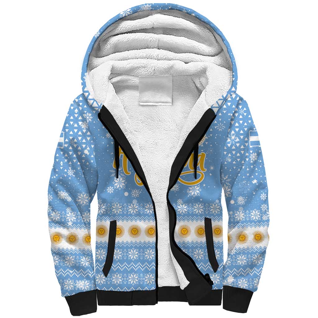 Argentina Christmas Sherpa Hoodie with Blue-White Snowflake Pattern, Sun Emblem, and Gaucho Santa Riding Horse Motif - Wonder Print Shop