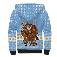Argentina Christmas Sherpa Hoodie with Blue-White Snowflake Pattern, Sun Emblem, and Gaucho Santa Riding Horse Motif - Wonder Print Shop