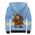 Argentina Christmas Sherpa Hoodie with Blue-White Snowflake Pattern, Sun Emblem, and Gaucho Santa Riding Horse Motif - Wonder Print Shop