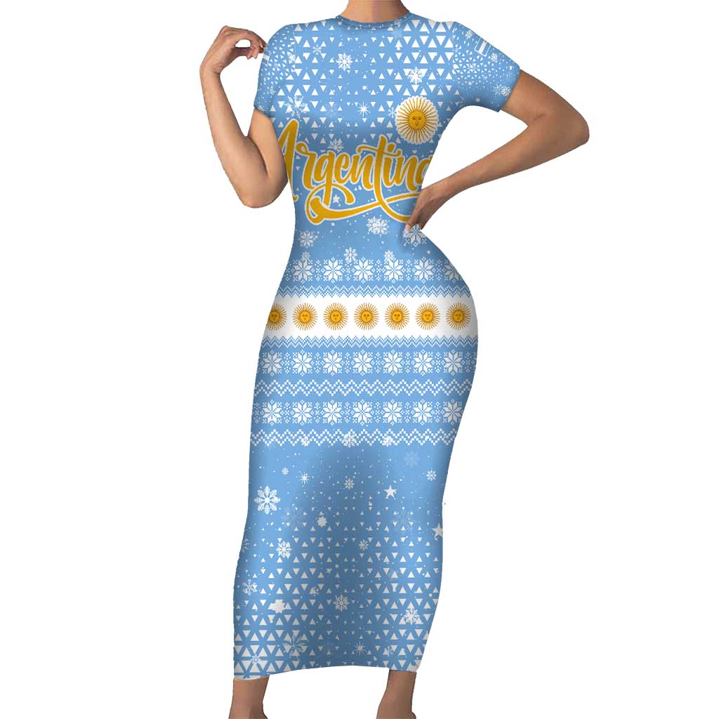 Argentina Christmas Short Sleeve Bodycon Dress with Blue-White Snowflake Pattern, Sun Emblem, and Gaucho Santa Riding Horse Motif - Wonder Print Shop