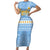 Argentina Christmas Short Sleeve Bodycon Dress with Blue-White Snowflake Pattern, Sun Emblem, and Gaucho Santa Riding Horse Motif - Wonder Print Shop