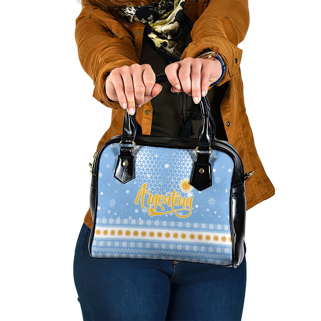 Argentina Christmas Shoulder Handbag with Blue-White Snowflake Pattern, Sun Emblem, and Gaucho Santa Riding Horse Motif - Wonder Print Shop