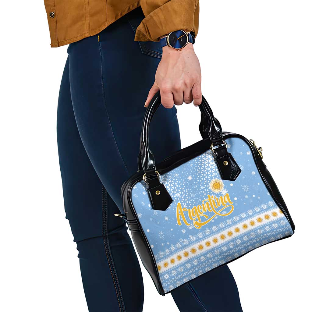 Argentina Christmas Shoulder Handbag with Blue-White Snowflake Pattern, Sun Emblem, and Gaucho Santa Riding Horse Motif - Wonder Print Shop