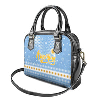 Argentina Christmas Shoulder Handbag with Blue-White Snowflake Pattern, Sun Emblem, and Gaucho Santa Riding Horse Motif - Wonder Print Shop