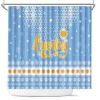 Argentina Christmas Shower Curtain with Blue-White Snowflake Pattern, Sun Emblem, and Gaucho Santa Riding Horse Motif - Wonder Print Shop