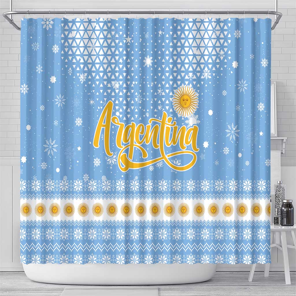 Argentina Christmas Shower Curtain with Blue-White Snowflake Pattern, Sun Emblem, and Gaucho Santa Riding Horse Motif - Wonder Print Shop