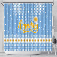 Argentina Christmas Shower Curtain with Blue-White Snowflake Pattern, Sun Emblem, and Gaucho Santa Riding Horse Motif - Wonder Print Shop