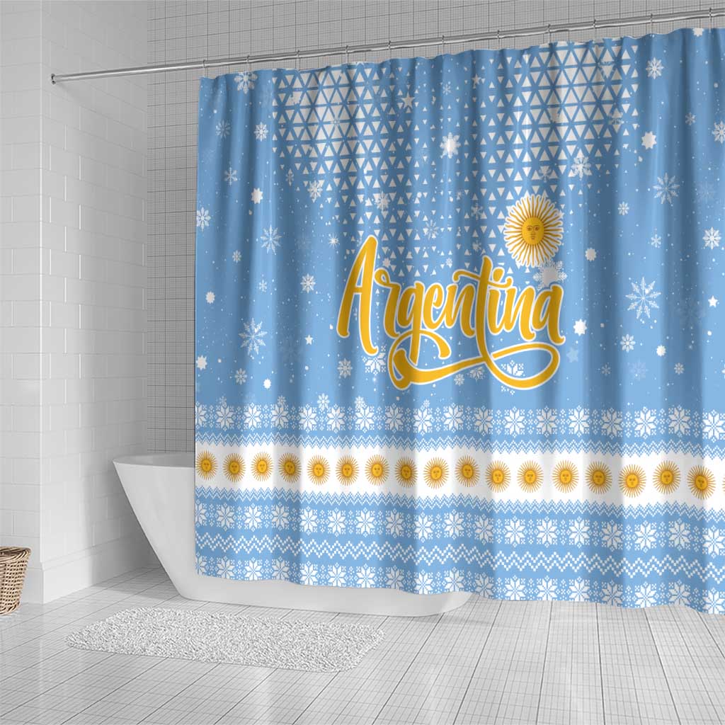 Argentina Christmas Shower Curtain with Blue-White Snowflake Pattern, Sun Emblem, and Gaucho Santa Riding Horse Motif - Wonder Print Shop