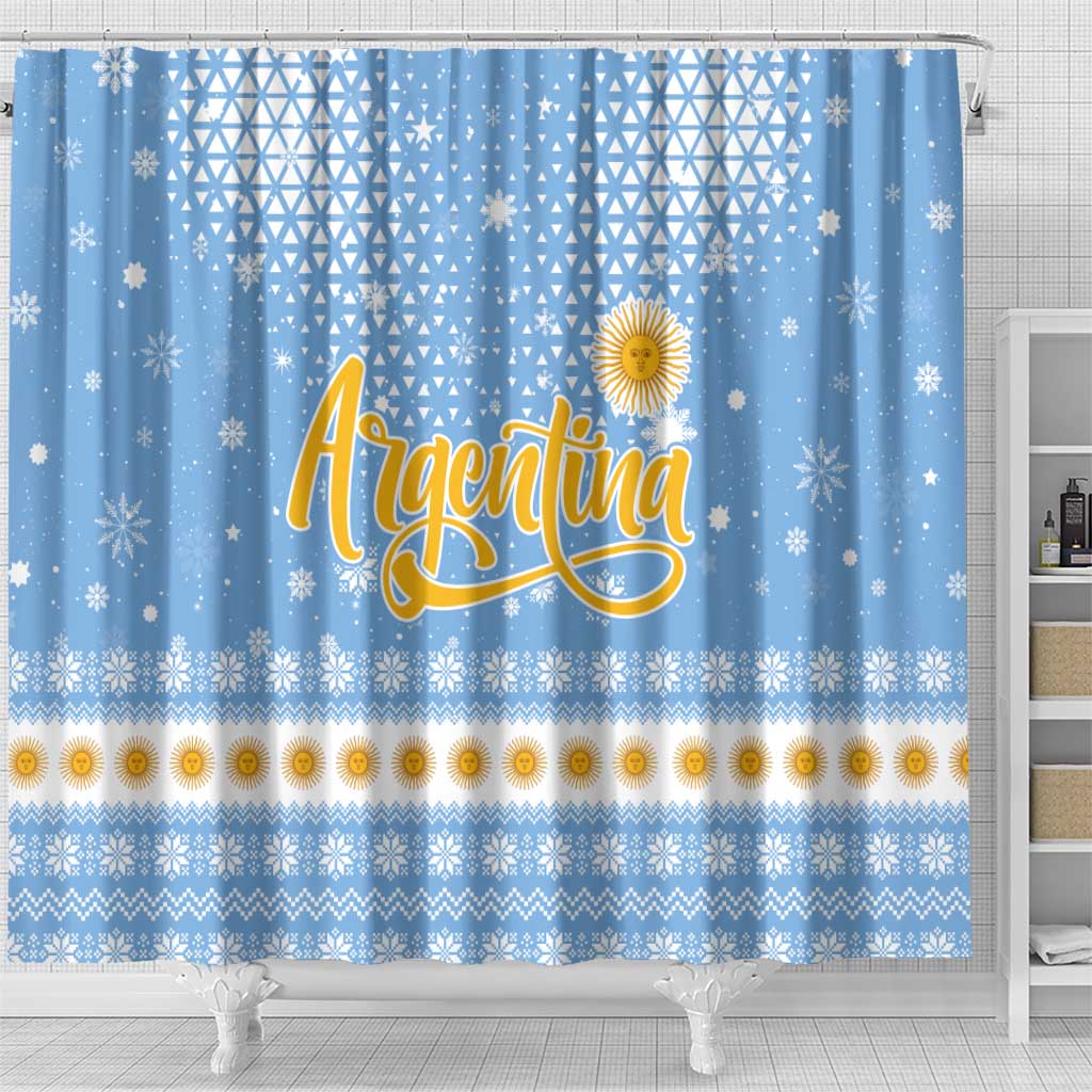 Argentina Christmas Shower Curtain with Blue-White Snowflake Pattern, Sun Emblem, and Gaucho Santa Riding Horse Motif - Wonder Print Shop