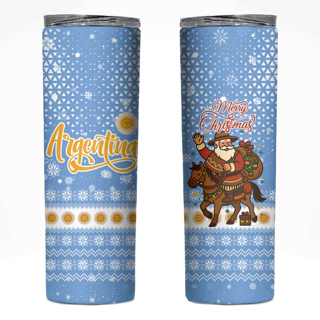 Argentina Christmas Skinny Tumbler with Blue-White Snowflake Pattern, Sun Emblem, and Gaucho Santa Riding Horse Motif - Wonder Print Shop