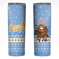 Argentina Christmas Skinny Tumbler with Blue-White Snowflake Pattern, Sun Emblem, and Gaucho Santa Riding Horse Motif - Wonder Print Shop