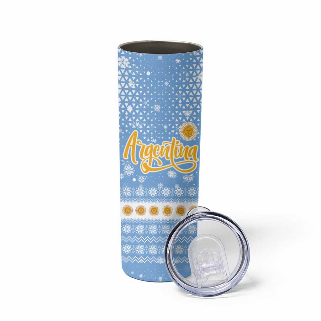 Argentina Christmas Skinny Tumbler with Blue-White Snowflake Pattern, Sun Emblem, and Gaucho Santa Riding Horse Motif - Wonder Print Shop