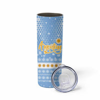 Argentina Christmas Skinny Tumbler with Blue-White Snowflake Pattern, Sun Emblem, and Gaucho Santa Riding Horse Motif - Wonder Print Shop