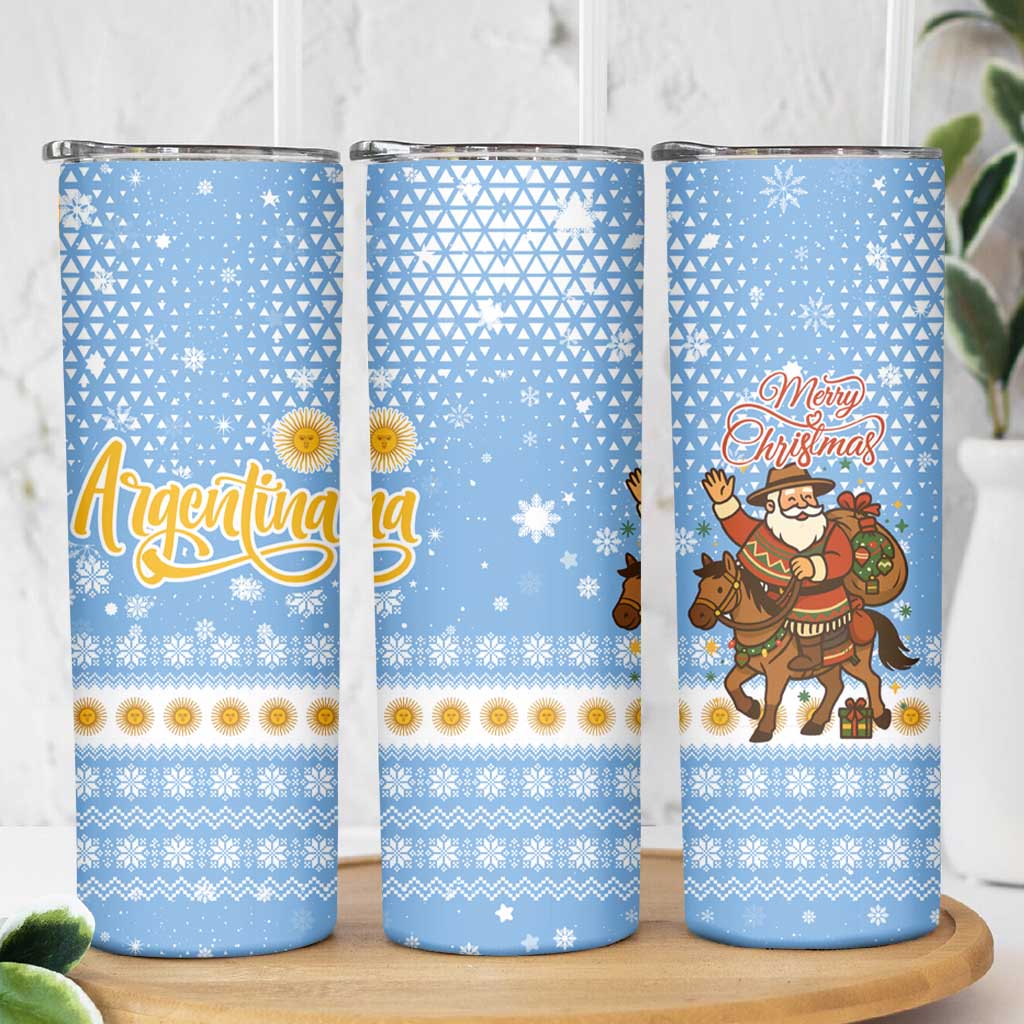 Argentina Christmas Skinny Tumbler with Blue-White Snowflake Pattern, Sun Emblem, and Gaucho Santa Riding Horse Motif - Wonder Print Shop