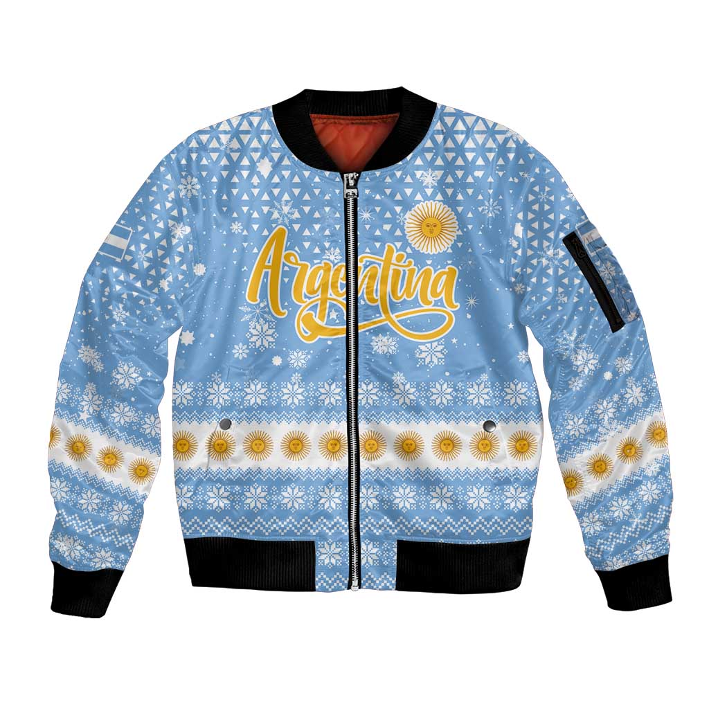 Argentina Christmas Sleeve Zip Bomber Jacket with Blue-White Snowflake Pattern, Sun Emblem, and Gaucho Santa Riding Horse Motif - Wonder Print Shop