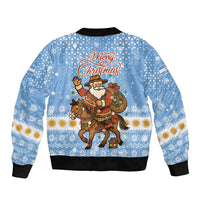 Argentina Christmas Sleeve Zip Bomber Jacket with Blue-White Snowflake Pattern, Sun Emblem, and Gaucho Santa Riding Horse Motif - Wonder Print Shop