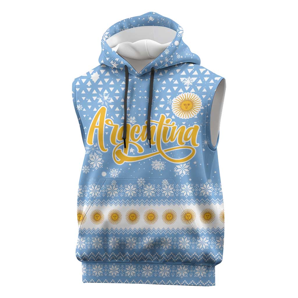Argentina Christmas Sleeveless Hoodie with Blue-White Snowflake Pattern, Sun Emblem, and Gaucho Santa Riding Horse Motif - Wonder Print Shop