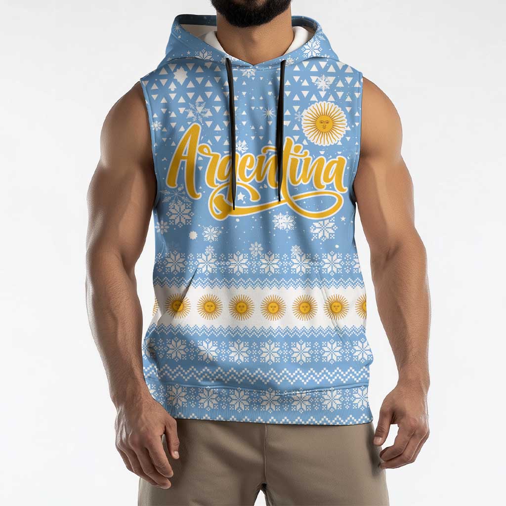 Argentina Christmas Sleeveless Hoodie with Blue-White Snowflake Pattern, Sun Emblem, and Gaucho Santa Riding Horse Motif - Wonder Print Shop