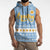 Argentina Christmas Sleeveless Hoodie with Blue-White Snowflake Pattern, Sun Emblem, and Gaucho Santa Riding Horse Motif - Wonder Print Shop