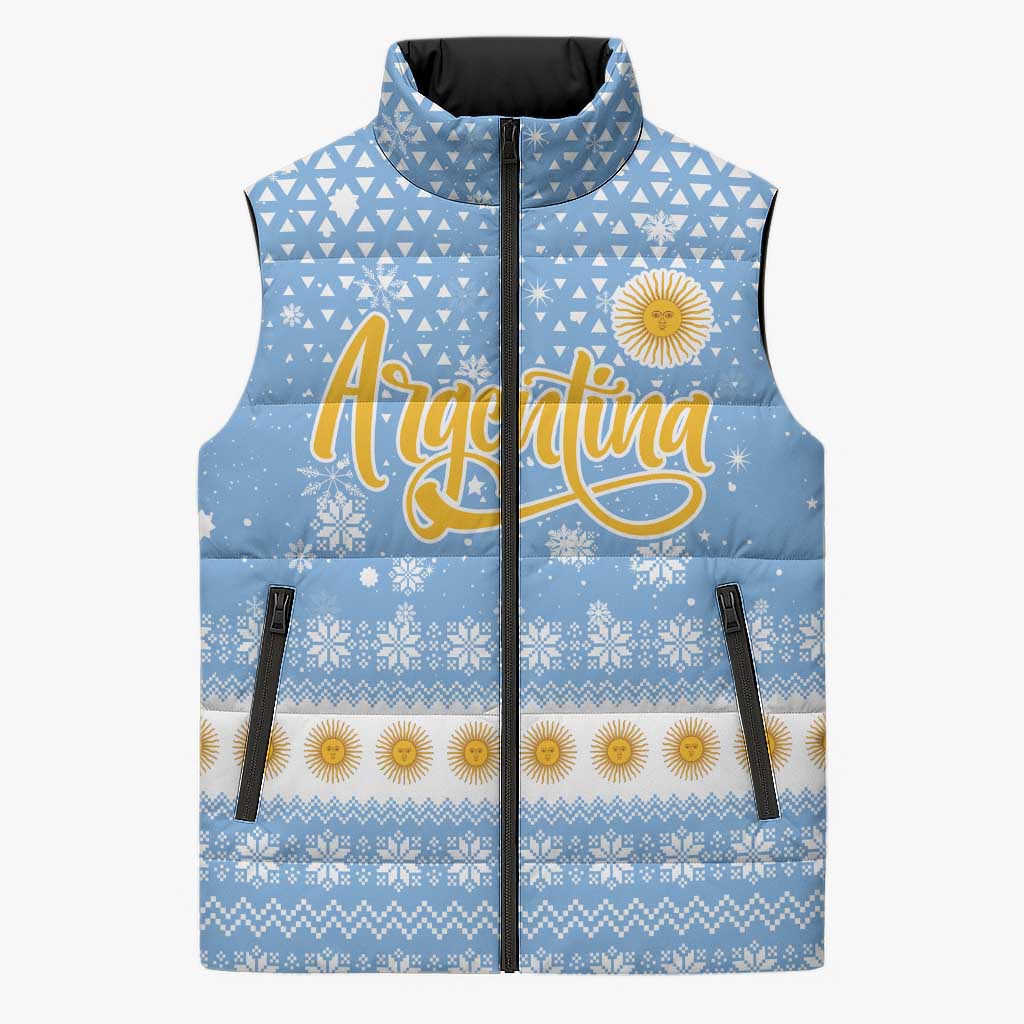 Argentina Christmas Sleeveless Puffer Jacket with Blue-White Snowflake Pattern, Sun Emblem, and Gaucho Santa Riding Horse Motif - Wonder Print Shop