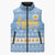 Argentina Christmas Sleeveless Puffer Jacket with Blue-White Snowflake Pattern, Sun Emblem, and Gaucho Santa Riding Horse Motif - Wonder Print Shop