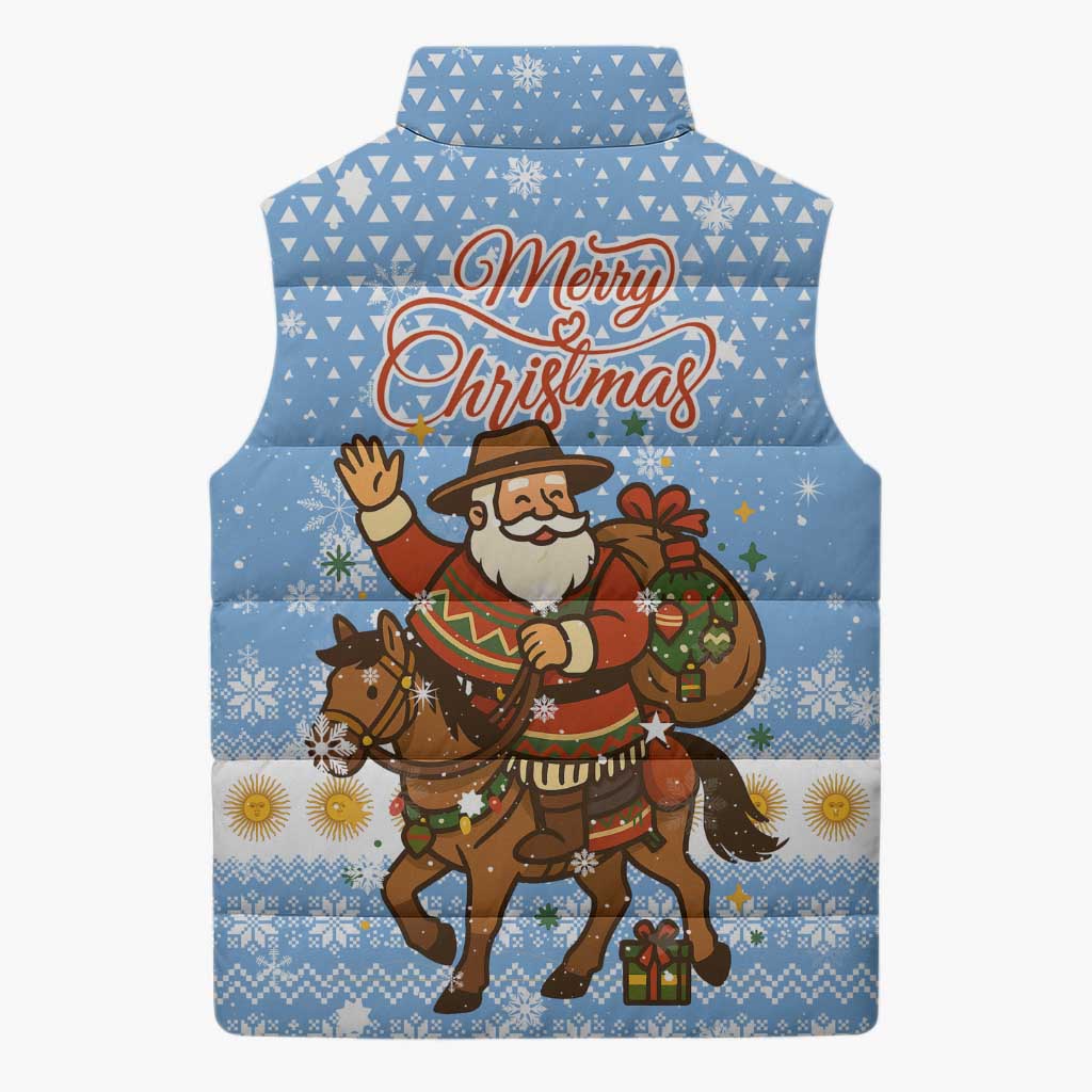 Argentina Christmas Sleeveless Puffer Jacket with Blue-White Snowflake Pattern, Sun Emblem, and Gaucho Santa Riding Horse Motif - Wonder Print Shop