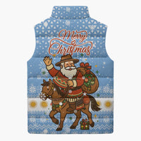Argentina Christmas Sleeveless Puffer Jacket with Blue-White Snowflake Pattern, Sun Emblem, and Gaucho Santa Riding Horse Motif - Wonder Print Shop