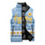 Argentina Christmas Sleeveless Puffer Jacket with Blue-White Snowflake Pattern, Sun Emblem, and Gaucho Santa Riding Horse Motif - Wonder Print Shop