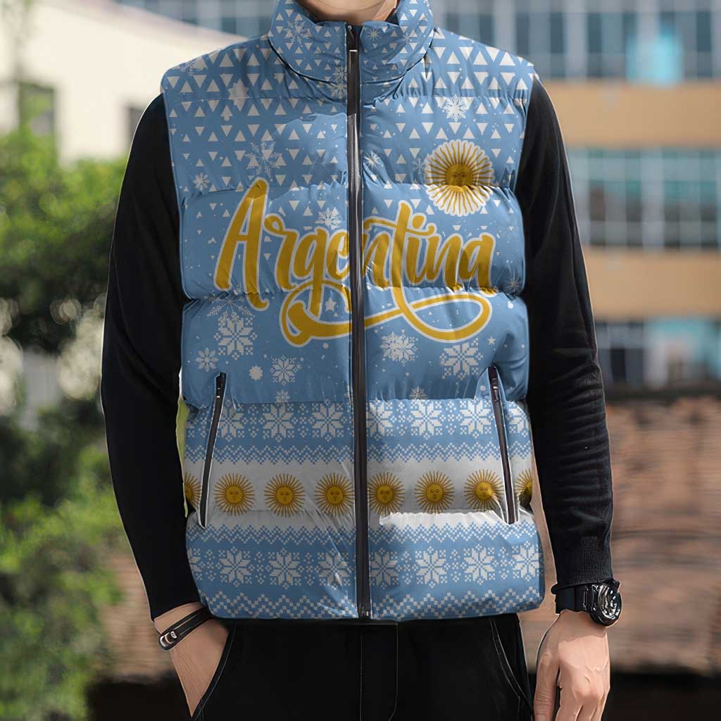 Argentina Christmas Sleeveless Puffer Jacket with Blue-White Snowflake Pattern, Sun Emblem, and Gaucho Santa Riding Horse Motif - Wonder Print Shop