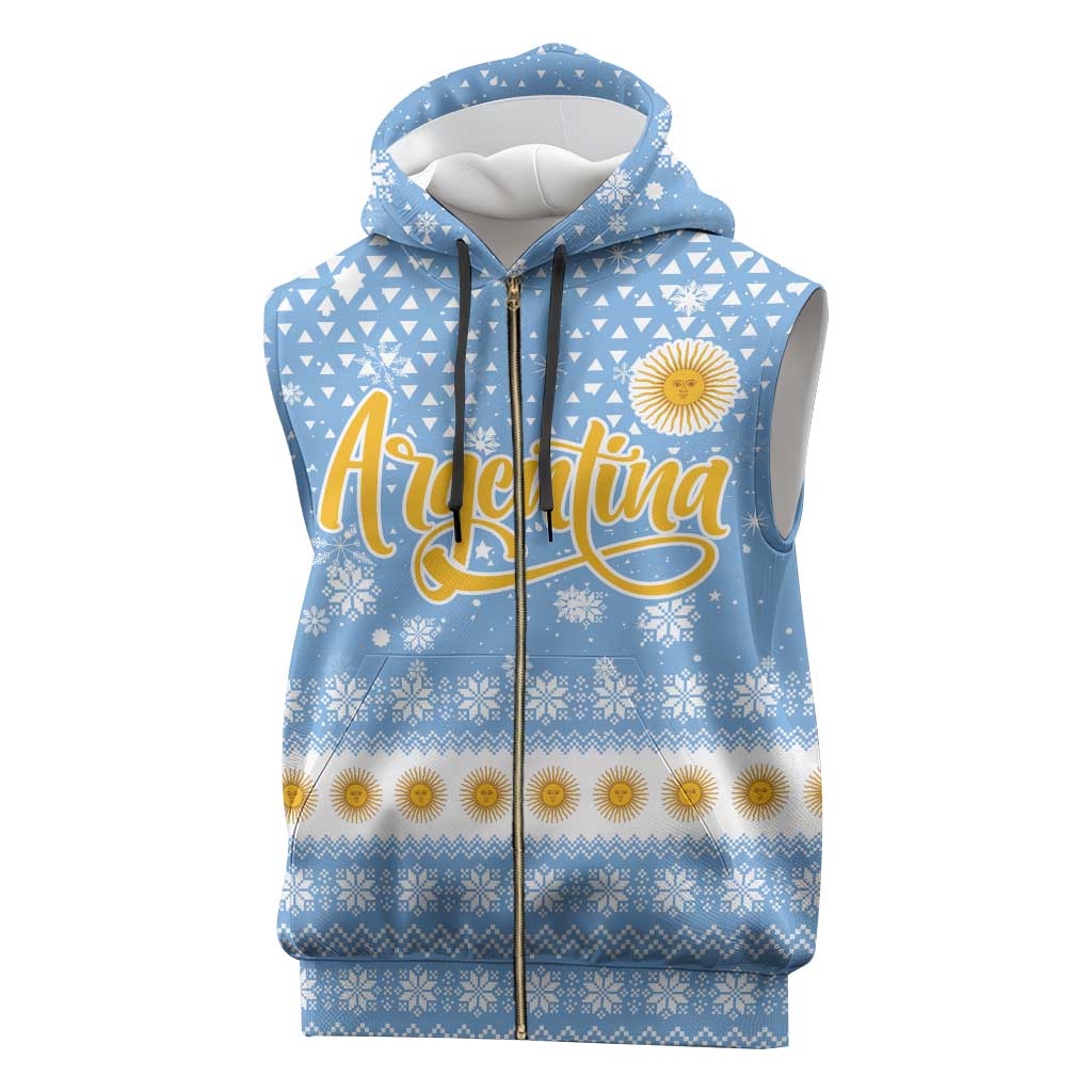 Argentina Christmas Sleeveless Zip Hoodie with Blue-White Snowflake Pattern, Sun Emblem, and Gaucho Santa Riding Horse Motif - Wonder Print Shop