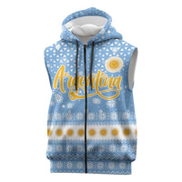 Argentina Christmas Sleeveless Zip Hoodie with Blue-White Snowflake Pattern, Sun Emblem, and Gaucho Santa Riding Horse Motif - Wonder Print Shop