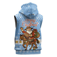 Argentina Christmas Sleeveless Zip Hoodie with Blue-White Snowflake Pattern, Sun Emblem, and Gaucho Santa Riding Horse Motif - Wonder Print Shop