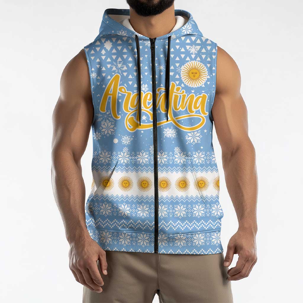 Argentina Christmas Sleeveless Zip Hoodie with Blue-White Snowflake Pattern, Sun Emblem, and Gaucho Santa Riding Horse Motif - Wonder Print Shop