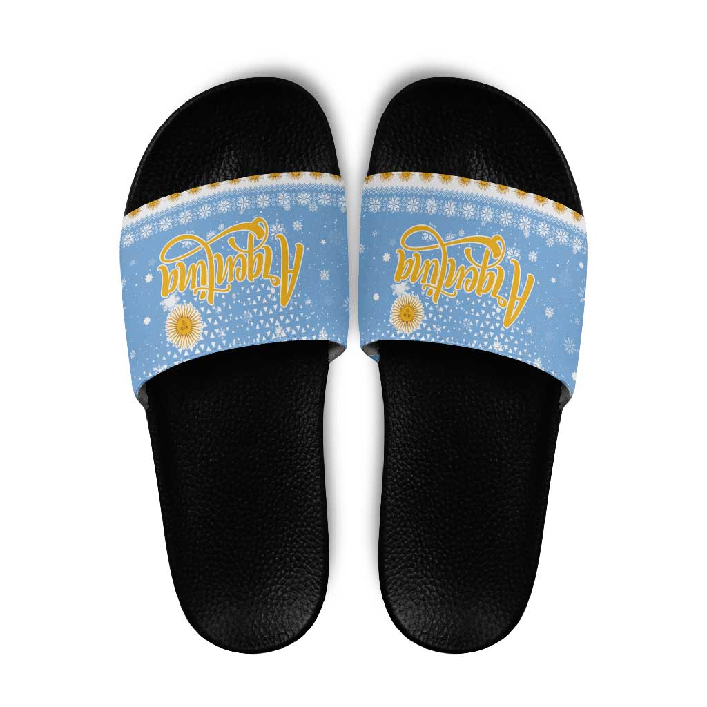 Argentina Christmas Slide Sandals with Blue-White Snowflake Pattern, Sun Emblem, and Gaucho Santa Riding Horse Motif - Wonder Print Shop
