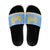 Argentina Christmas Slide Sandals with Blue-White Snowflake Pattern, Sun Emblem, and Gaucho Santa Riding Horse Motif - Wonder Print Shop