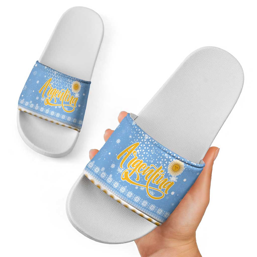 Argentina Christmas Slide Sandals with Blue-White Snowflake Pattern, Sun Emblem, and Gaucho Santa Riding Horse Motif - Wonder Print Shop