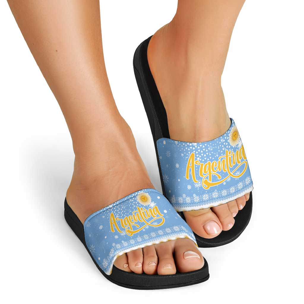 Argentina Christmas Slide Sandals with Blue-White Snowflake Pattern, Sun Emblem, and Gaucho Santa Riding Horse Motif - Wonder Print Shop