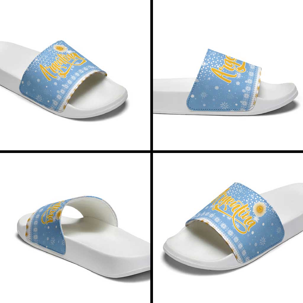Argentina Christmas Slide Sandals with Blue-White Snowflake Pattern, Sun Emblem, and Gaucho Santa Riding Horse Motif - Wonder Print Shop