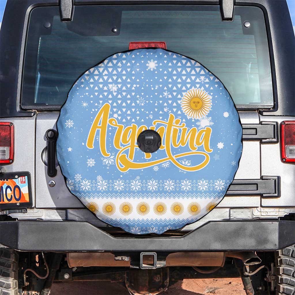Argentina Christmas Spare Tire Cover with Blue-White Snowflake Pattern, Sun Emblem, and Gaucho Santa Riding Horse Motif - Wonder Print Shop