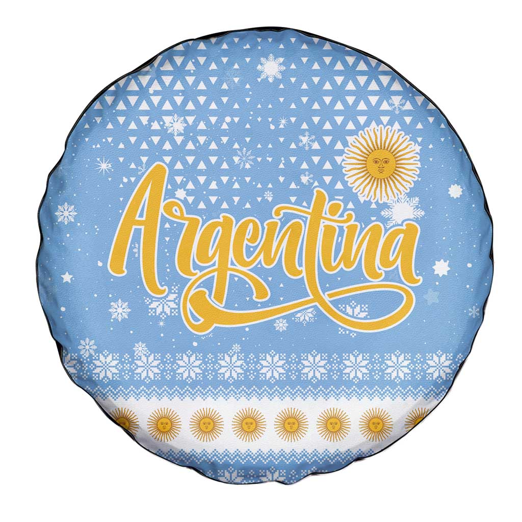 Argentina Christmas Spare Tire Cover with Blue-White Snowflake Pattern, Sun Emblem, and Gaucho Santa Riding Horse Motif - Wonder Print Shop