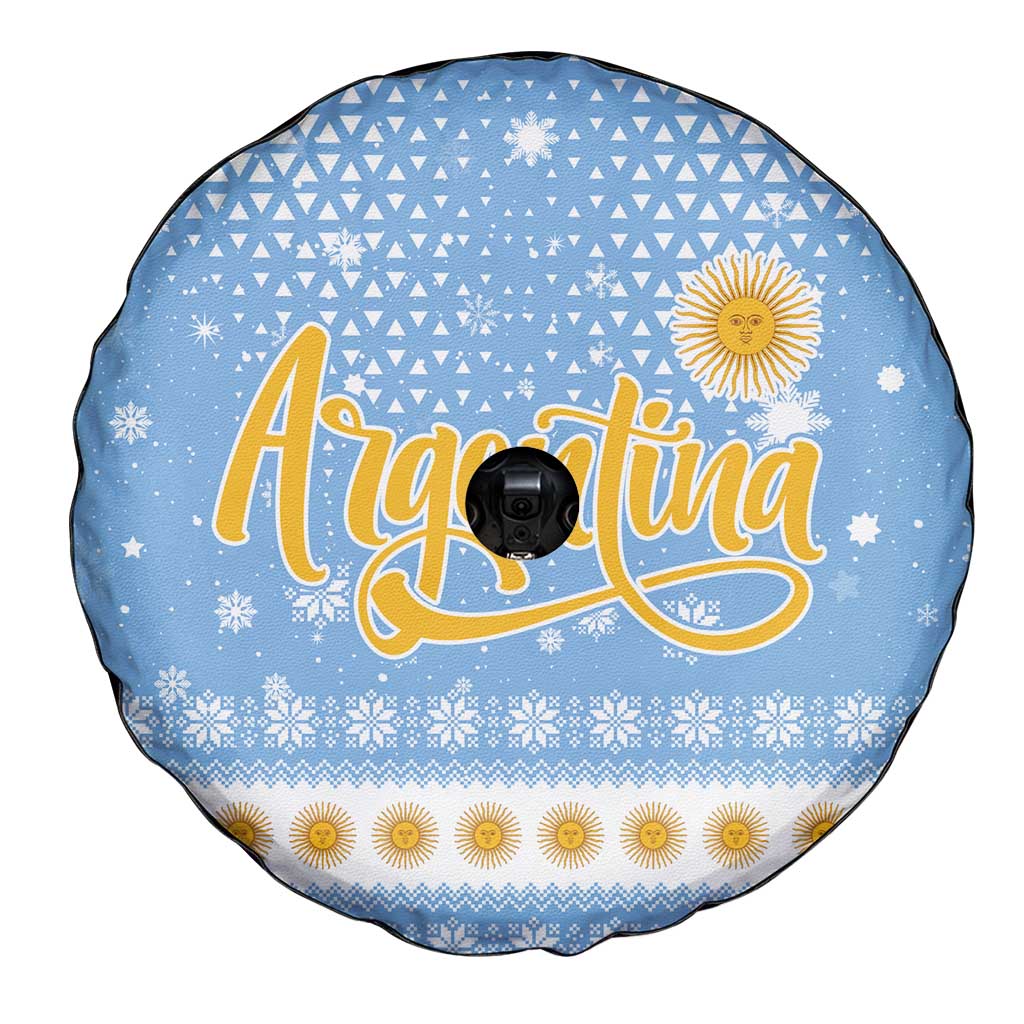 Argentina Christmas Spare Tire Cover with Blue-White Snowflake Pattern, Sun Emblem, and Gaucho Santa Riding Horse Motif - Wonder Print Shop