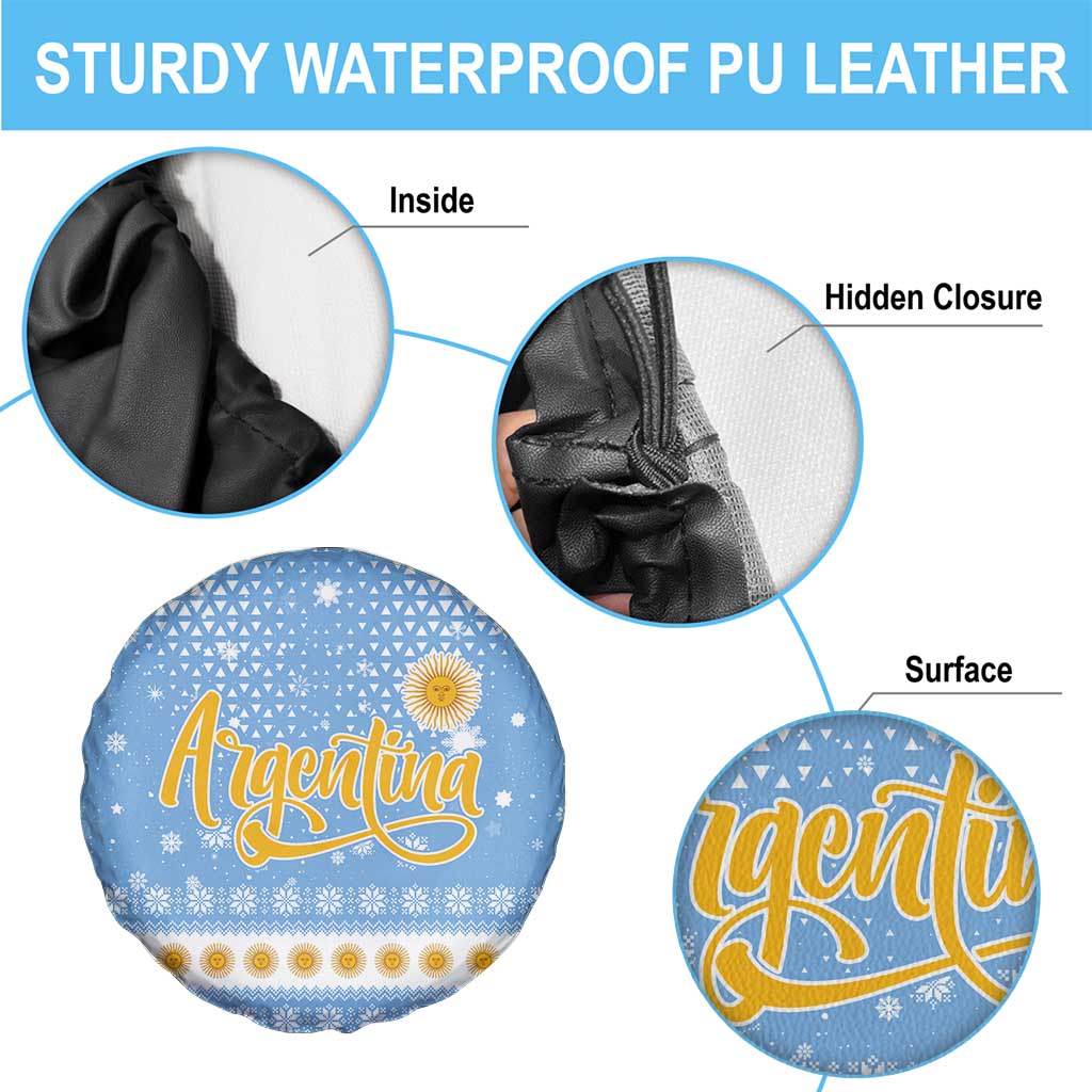 Argentina Christmas Spare Tire Cover with Blue-White Snowflake Pattern, Sun Emblem, and Gaucho Santa Riding Horse Motif - Wonder Print Shop