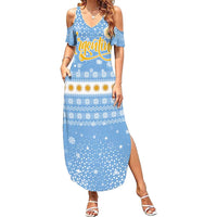 Argentina Christmas Summer Maxi Dress with Blue-White Snowflake Pattern, Sun Emblem, and Gaucho Santa Riding Horse Motif - Wonder Print Shop